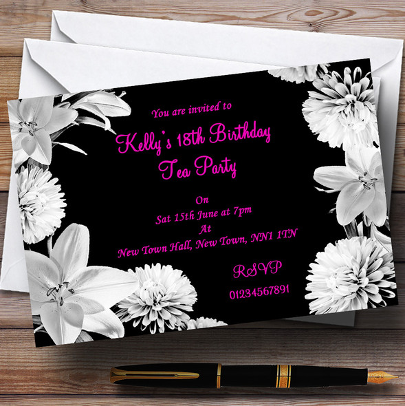 Stunning Lily Flowers Black Pink White Personalised Party Invitations