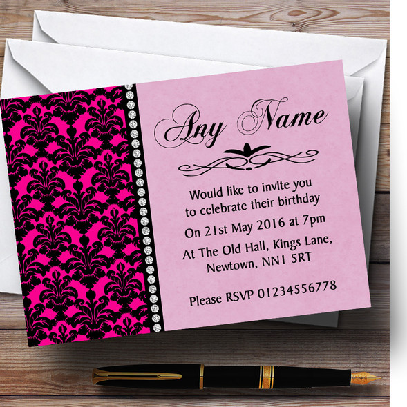 Bright Pink Black Damask & Diamond Personalised Birthday Party Invitations