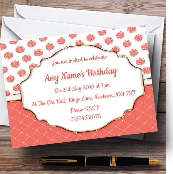 Coral And White Flowers Quilt Personalised Birthday Party Invitations
