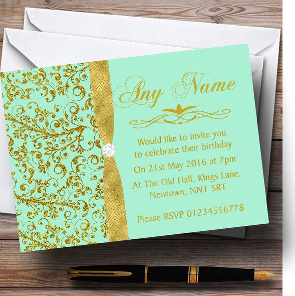 Gold And Cool Mint Green Vintage Personalised Birthday Party Invitations