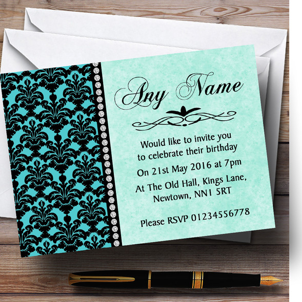 Turquoise Damask & Diamond Personalised Birthday Party Invitations