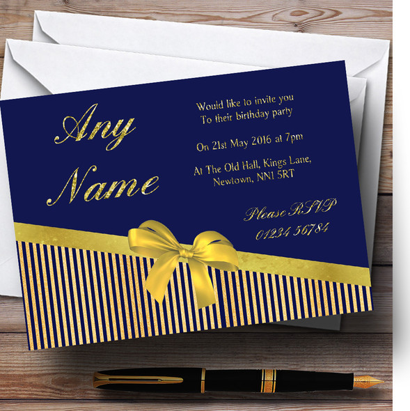 Classic Blue And Gold Stripes Birthday Party Personalised Invitations