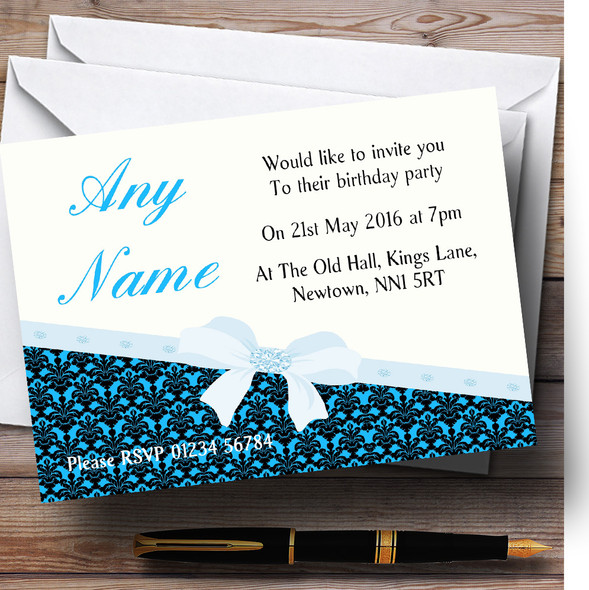 Classic Sky Blue Damask Birthday Party Personalised Invitations