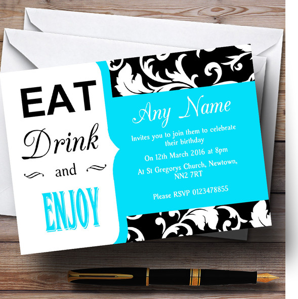 Aqua Blue Vintage Damask Eat Drink Personalised Birthday Party Invitations