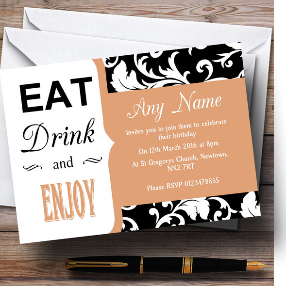 Beige Damask Eat Drink Personalised Birthday Party Invitations