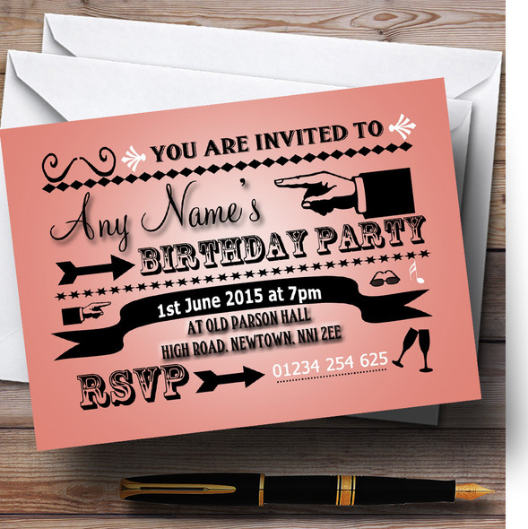 Coral Typography Word Art Vintage Personalised Birthday Party Invitations