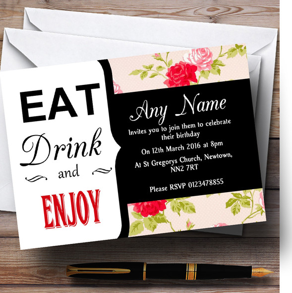 Eat Drink Pink Chintz Watercolour Flowers Personalised Birthday Party Invitations