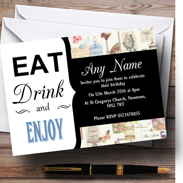 Eat Drink Vintage Birdcage Blue Personalised Birthday Party Invitations