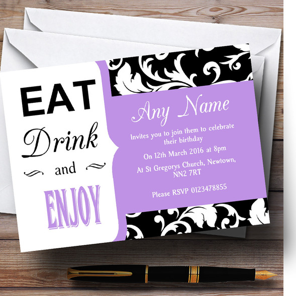 Lilac Vintage Damask Eat Drink Personalised Birthday Party Invitations
