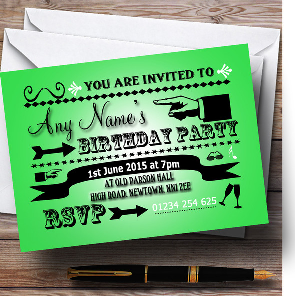 Lime Green Typography Word Art Vintage Personalised Birthday Party Invitations