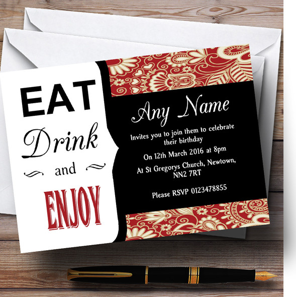 Red Paisley Eat Drink Personalised Birthday Party Invitations