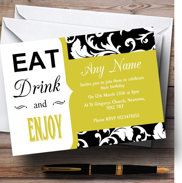 Sage Green Damask Eat Drink Personalised Birthday Party Invitations