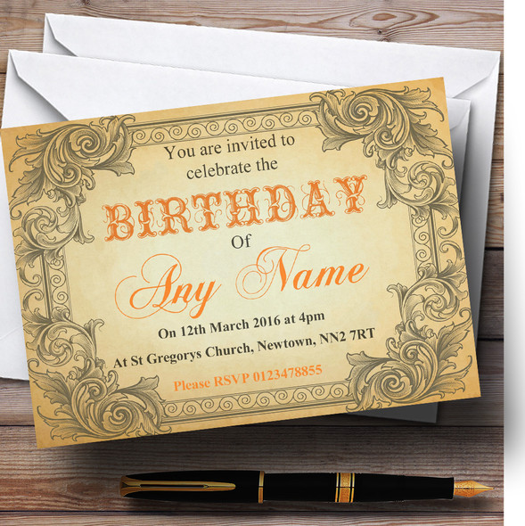 Typography Vintage Orange Postcard Personalised Birthday Party Invitations