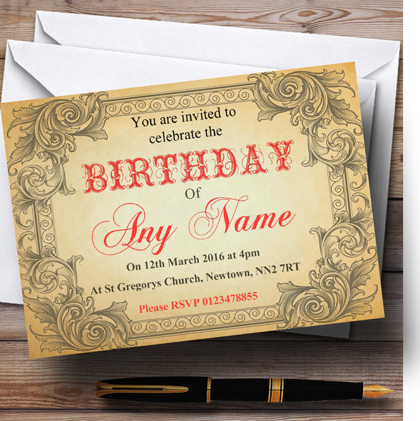 Typography Vintage Red Postcard Personalised Birthday Party Invitations