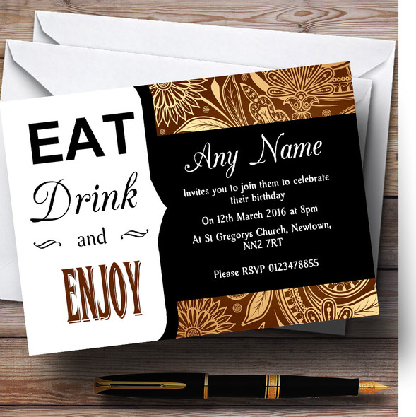 Vintage Brown Gold Eat Drink Personalised Birthday Party Invitations