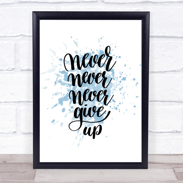Never Give Up Swirl Inspirational Quote Print Blue Watercolour Poster