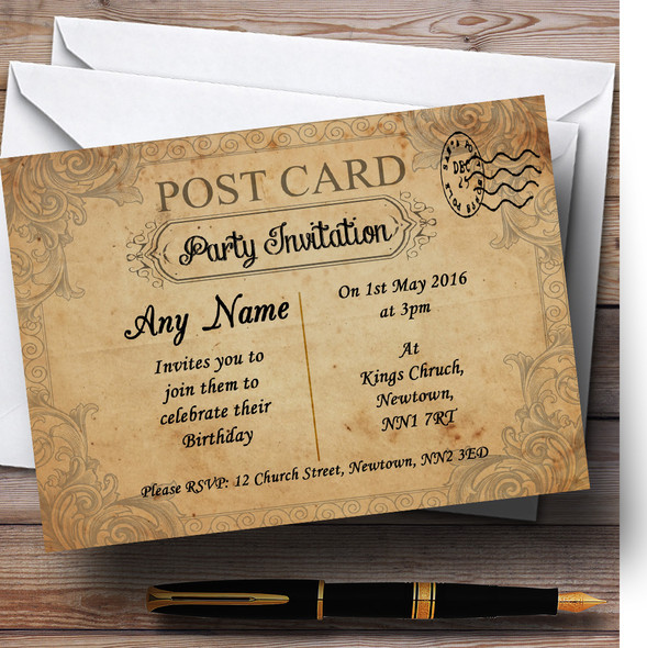 Classic Vintage Shabby Chic Postcard Personalised Birthday Party Invitations