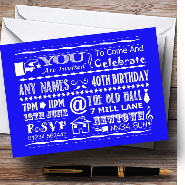 Cool Vintage Fun Chalk Typography Royal Blue Personalised Birthday Party Invitations