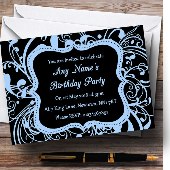 Black & Blue Swirl Deco Personalised Birthday Party Invitations