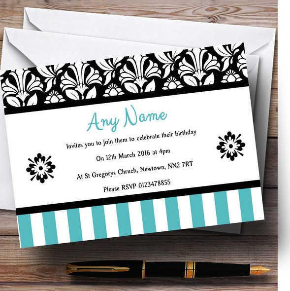 Damask And Aqua Stripes Personalised Birthday Party Invitations