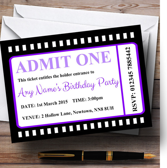Movie Ticket Purple Personalised Birthday Party Invitations