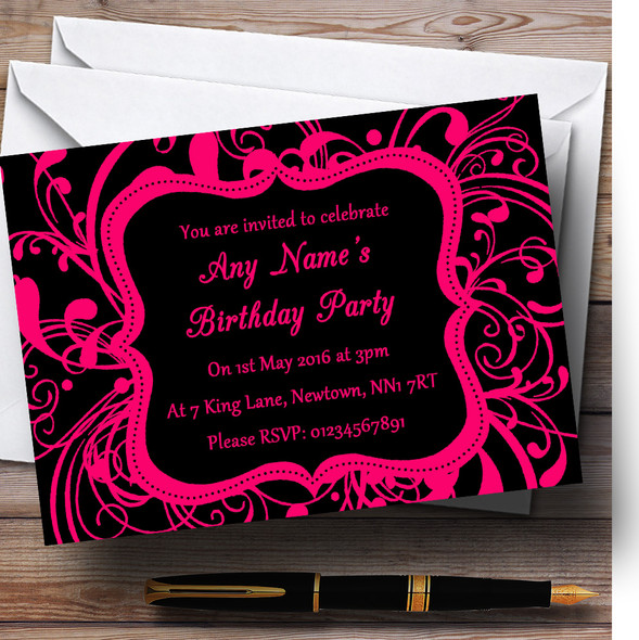 Black & Pink Swirl Deco Personalised Birthday Party Invitations