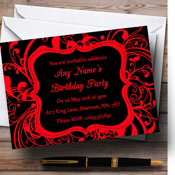 Black & Red Swirl Deco Personalised Birthday Party Invitations