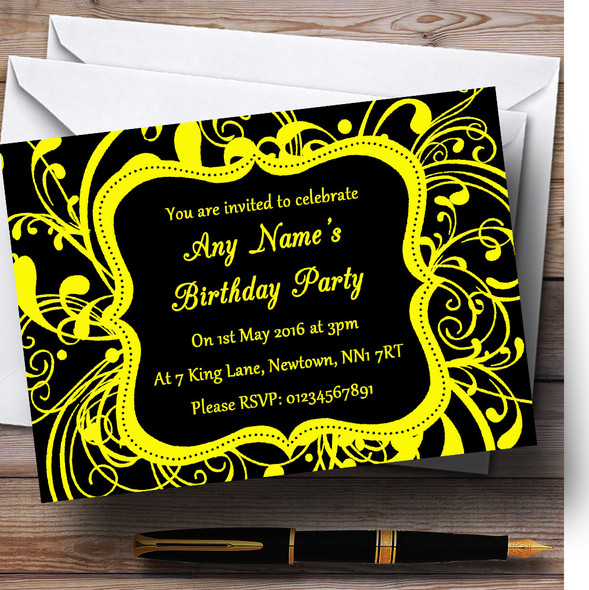 Black & Yellow Swirl Deco Personalised Birthday Party Invitations