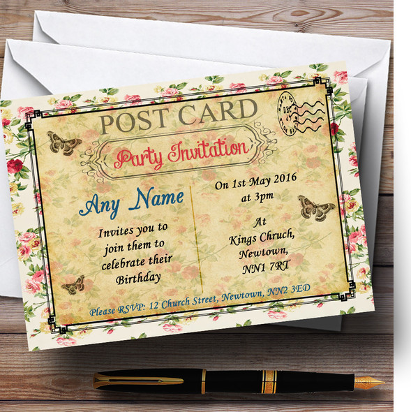Vintage Floral Shabby Chic Postcard Personalised Birthday Party Invitations