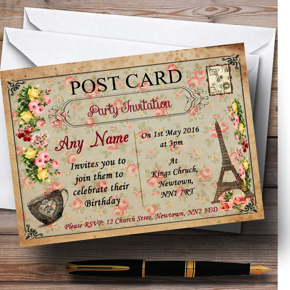 Vintage Paris Shabby Chic Postcard Floral Personalised Birthday Party Invitations
