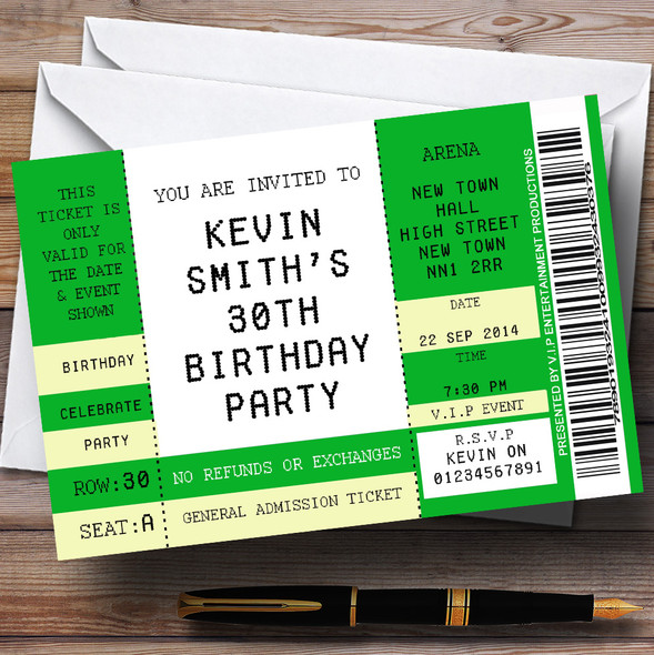 Funny Green Special Ticket Theme Personalised Birthday Party Invitations