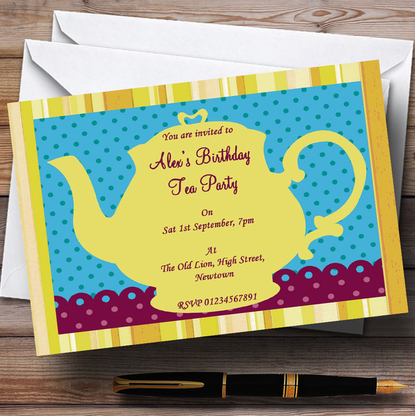 Big Yellow Teapot Vintage Tea Theme Personalised Birthday Party Invitations
