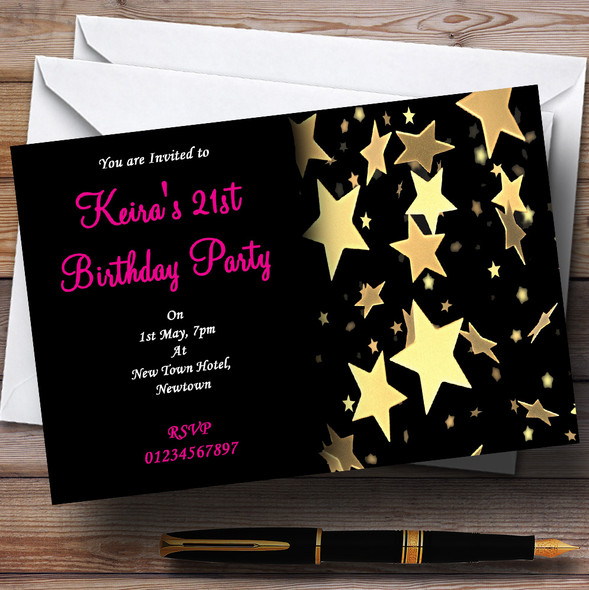 Gold Stars Pink Text Personalised Party Invitations