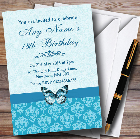 Tiffany Blue Turquoise Vintage Floral Damask Butterfly Personalised Birthday Party Invitations