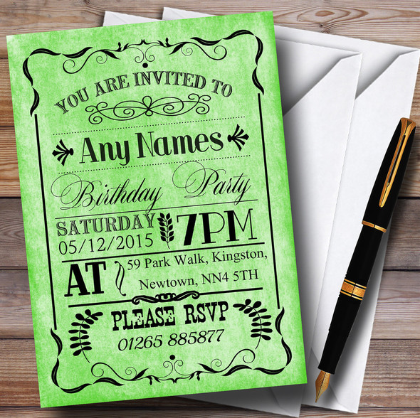 Vintage Old Style Green Personalised Birthday Party Invitations