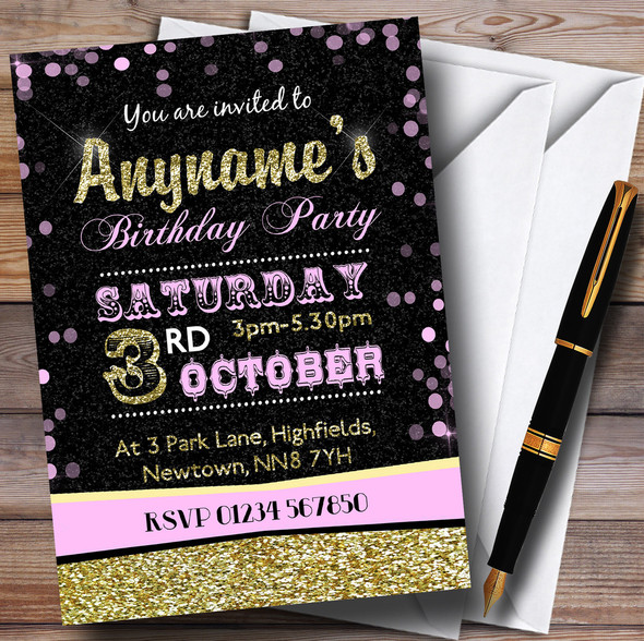 Glitter Look Baby Pink And Gold Birthday Party Personalised Invitations