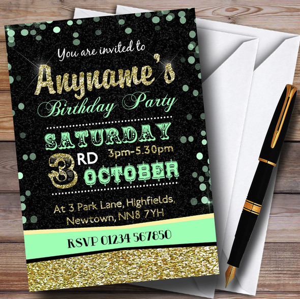 Glitter Look Mint Green And Gold Birthday Party Personalised Invitations