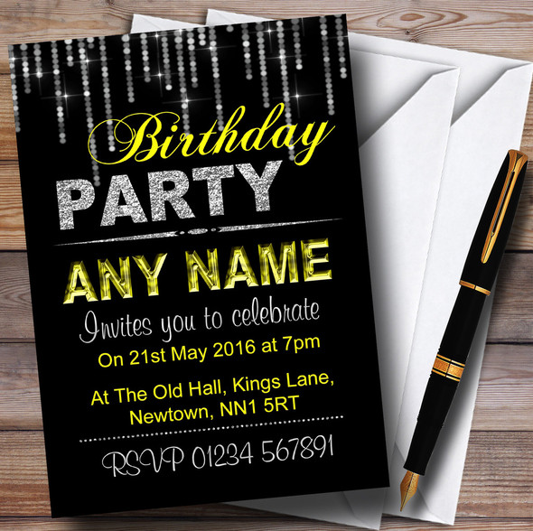 Silver And Yellow Glitz Birthday Party Personalised Invitations