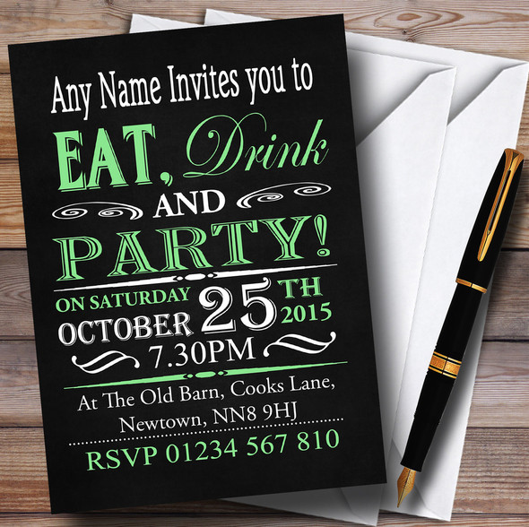 Vintage Green And White Chalk Style Birthday Party Personalised Invitations