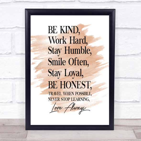 Be Kind Work Hard Quote Print Watercolour Wall Art