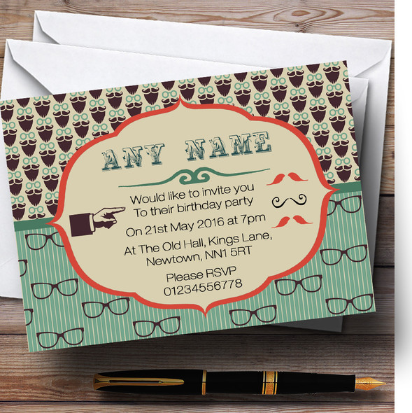 Hipster Bearded Man And Glasses Personalised Birthday Party Invitations
