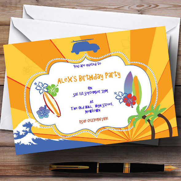 Surfing Theme Personalised Birthday Party Invitations