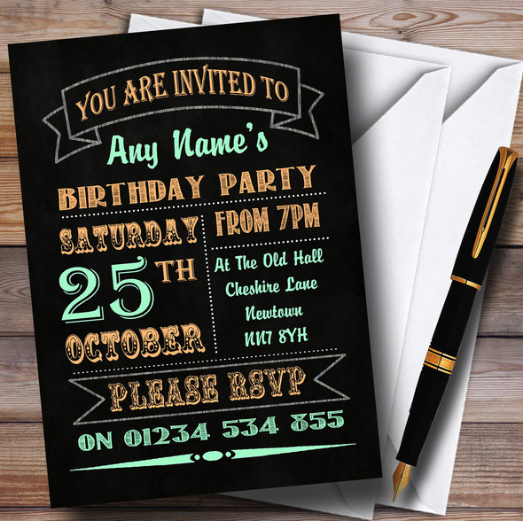 Carnival Banner Vintage Chalkboard Style Green Orange Birthday Party Personalised Invitations
