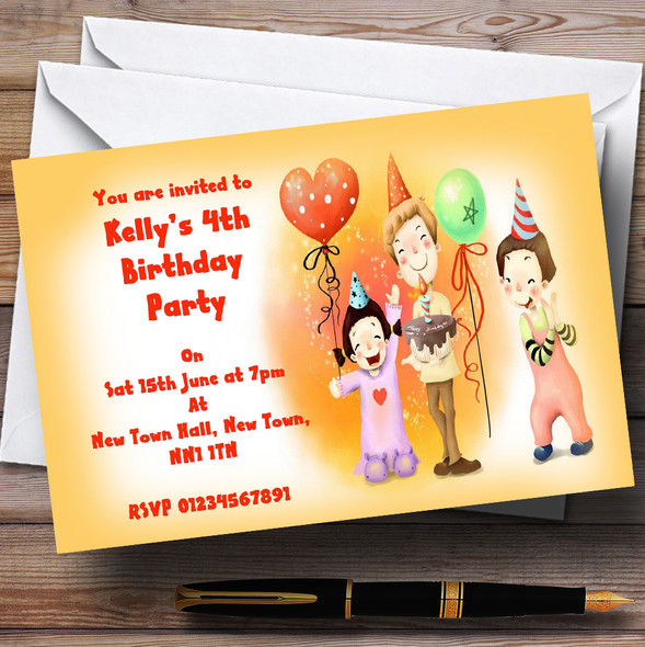 Orange Balloons And Cake Personalised Children's Party Invitations