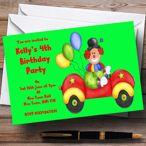 Green Clown In Car Personalised Children's Party Invitations