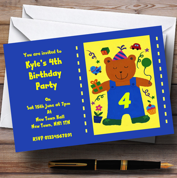 Blue Yellow Teddy Any Age Children's Personalised Party Invitations