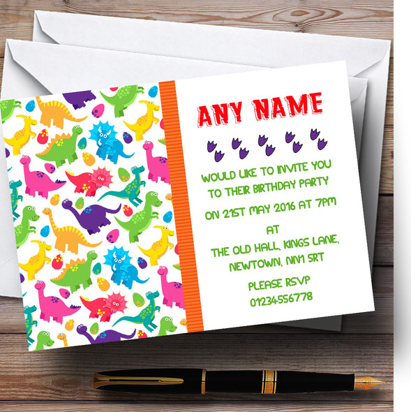 Colourful Dinosaurs And Footprints Personalised Children's Birthday Party Invitations