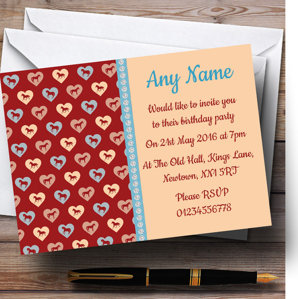 Red Coral And Blue Horses Personalised Children's Birthday Party Invitations