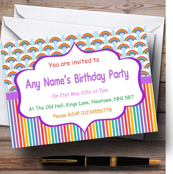 Purple Rainbows And Polkadot Rainbow Children's Kids Party Personalised Invitations