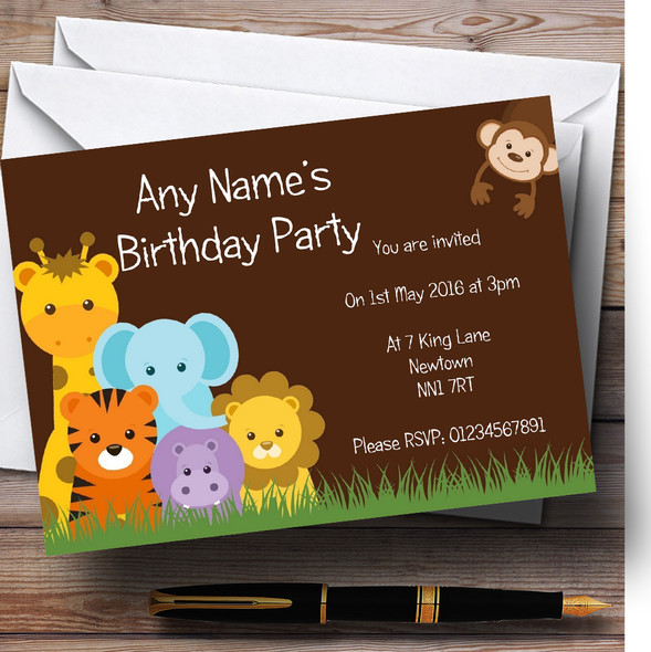 Brown Cute Jungle Animals Personalised Birthday Children's Party Invitations